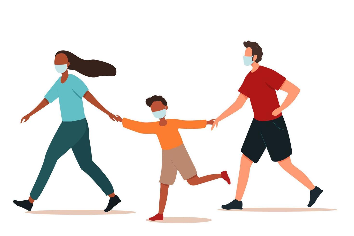 The family runs in masks on a white isolated background. Flat vector cartoon illustration