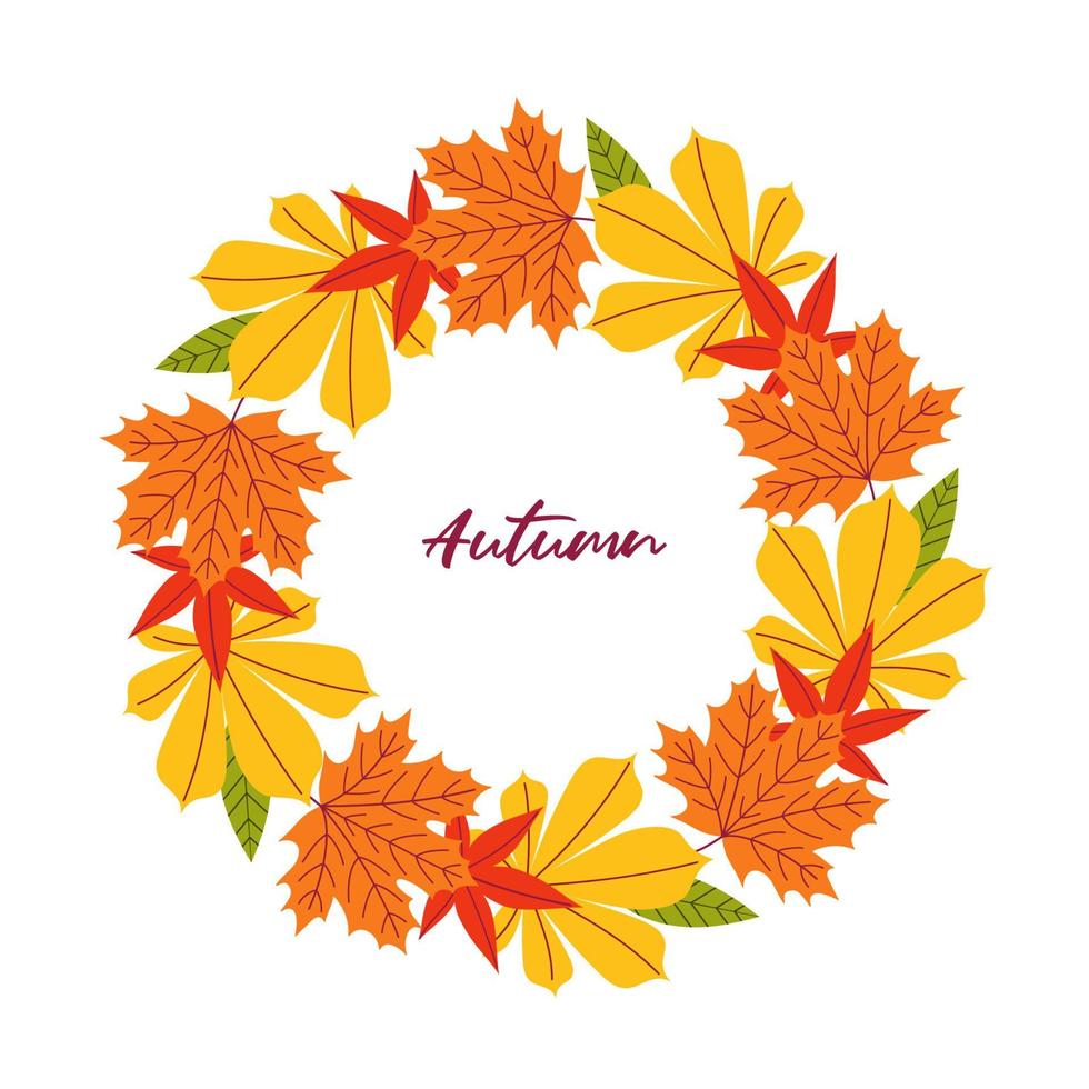 A wreath or frame made of autumn leaves. The inscription autumn. Design of invitations, posters, banners, postcards. Flat vector illustration