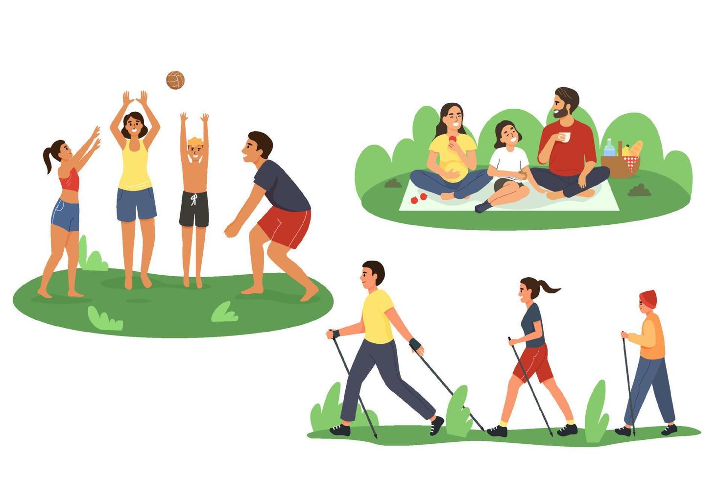 un conjunto de familia activa de vacaciones. papá, mamá e hijos practican deportes, hablan, juegan al voleibol, hacen caminatas nórdicas, se sientan en un picnic. fin de semana familiar. ilustración vectorial en un estilo plano vector