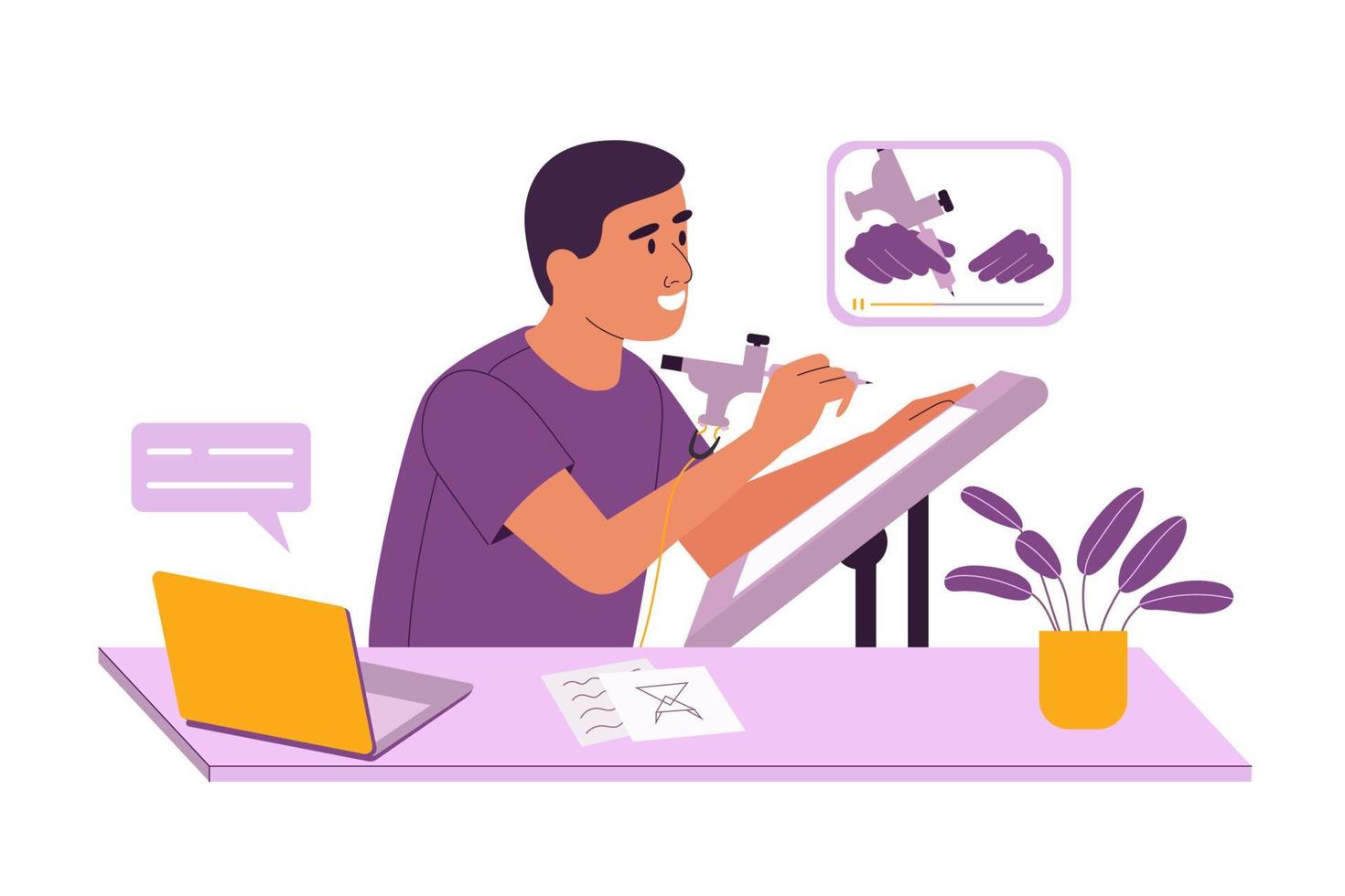 Concept of online education. A man is studying online courses to do tattoos at home. Vector illustration in a flat cartoon style.