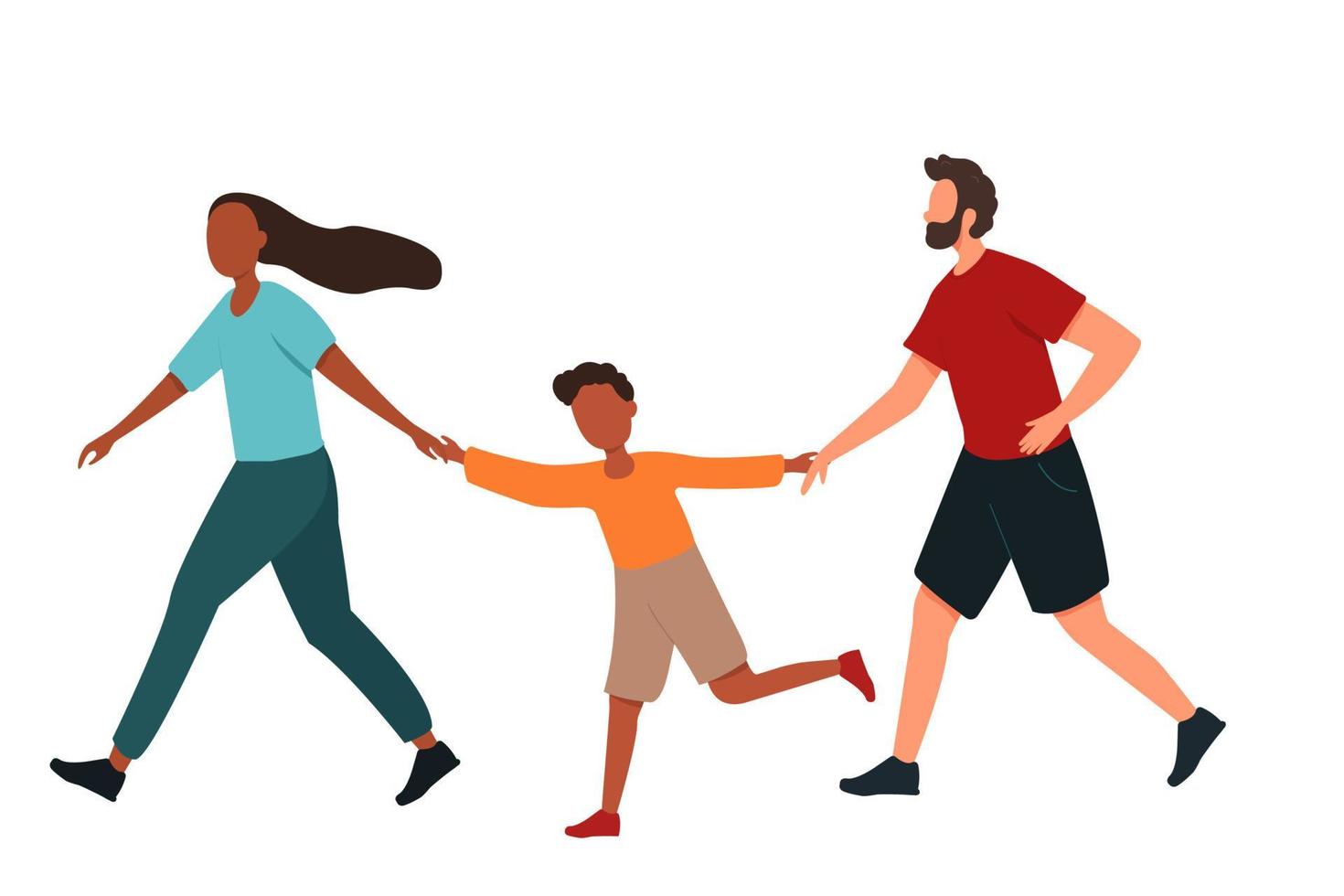 A family runs together holding hands on a white isolated background. Father, mother and son play sports together. Flat vector illustration