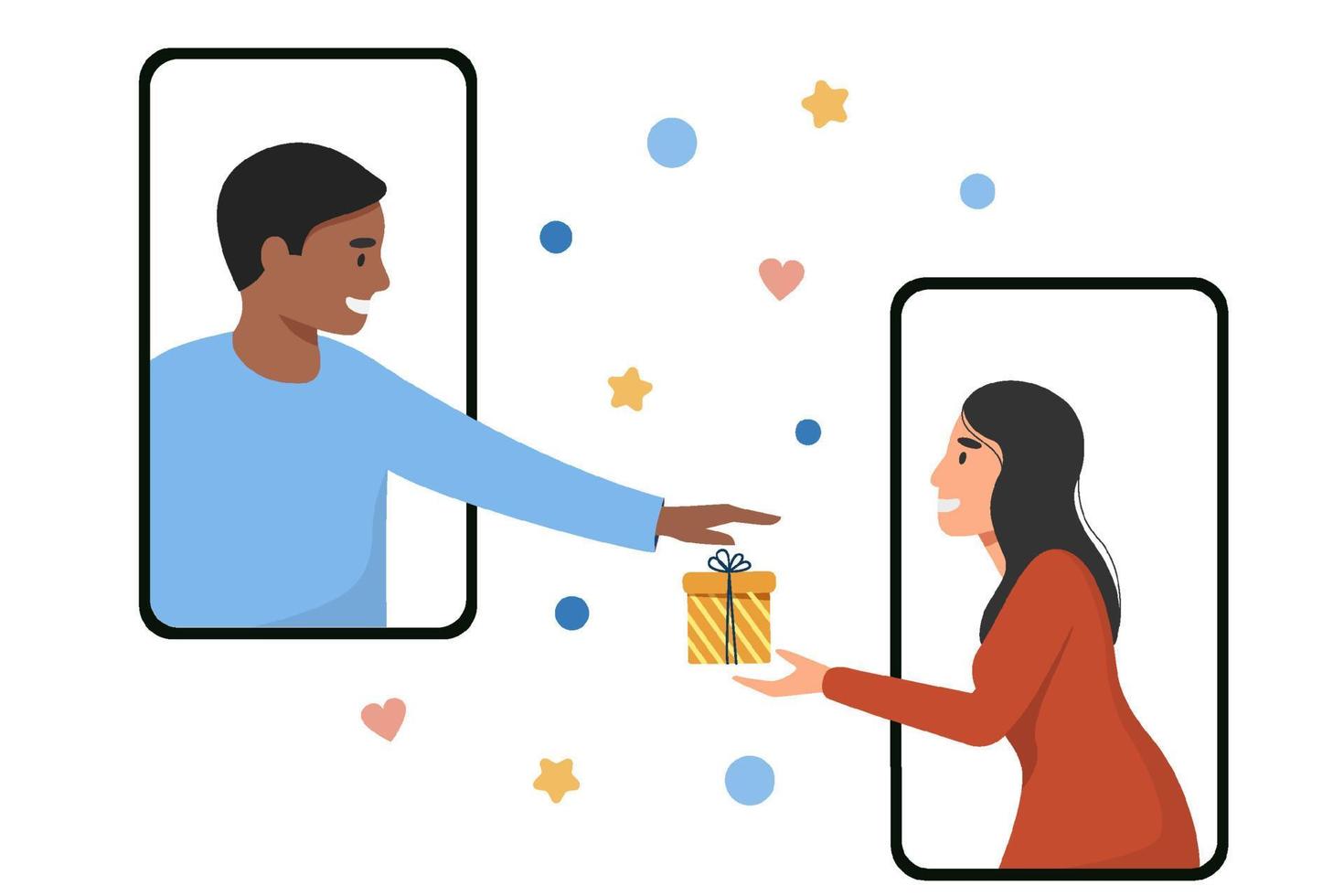 A young man and a woman hold out their hands to the gift through the phone screen. Vector flat illustration on a white isolated background.