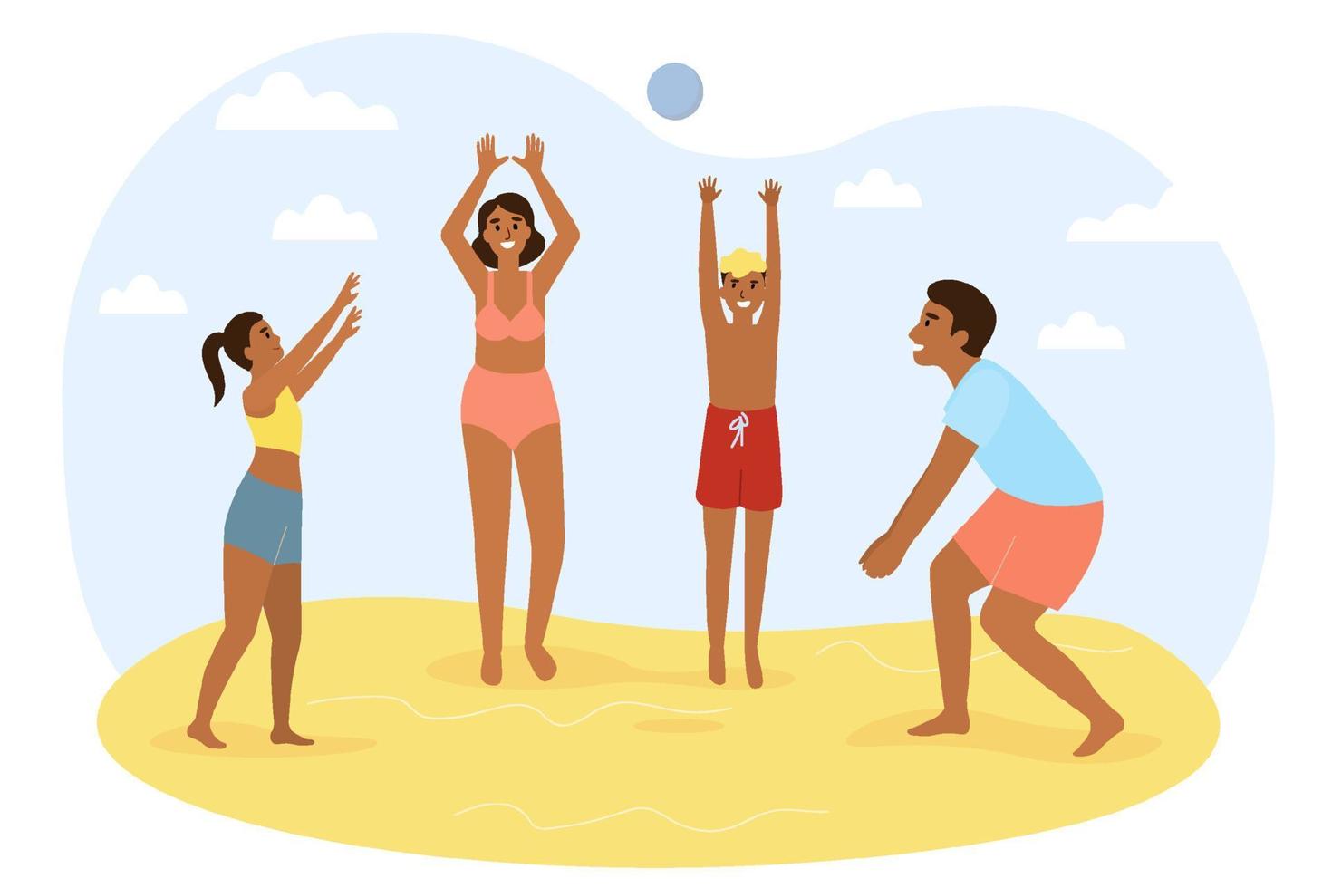 familia activa madre, padre, hijo e hija juegan con una pelota en la playa. vacaciones en familia. ilustración vectorial plana. vector