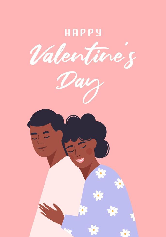 Happy valentine's day card. Flat vector illustration of happy couple.