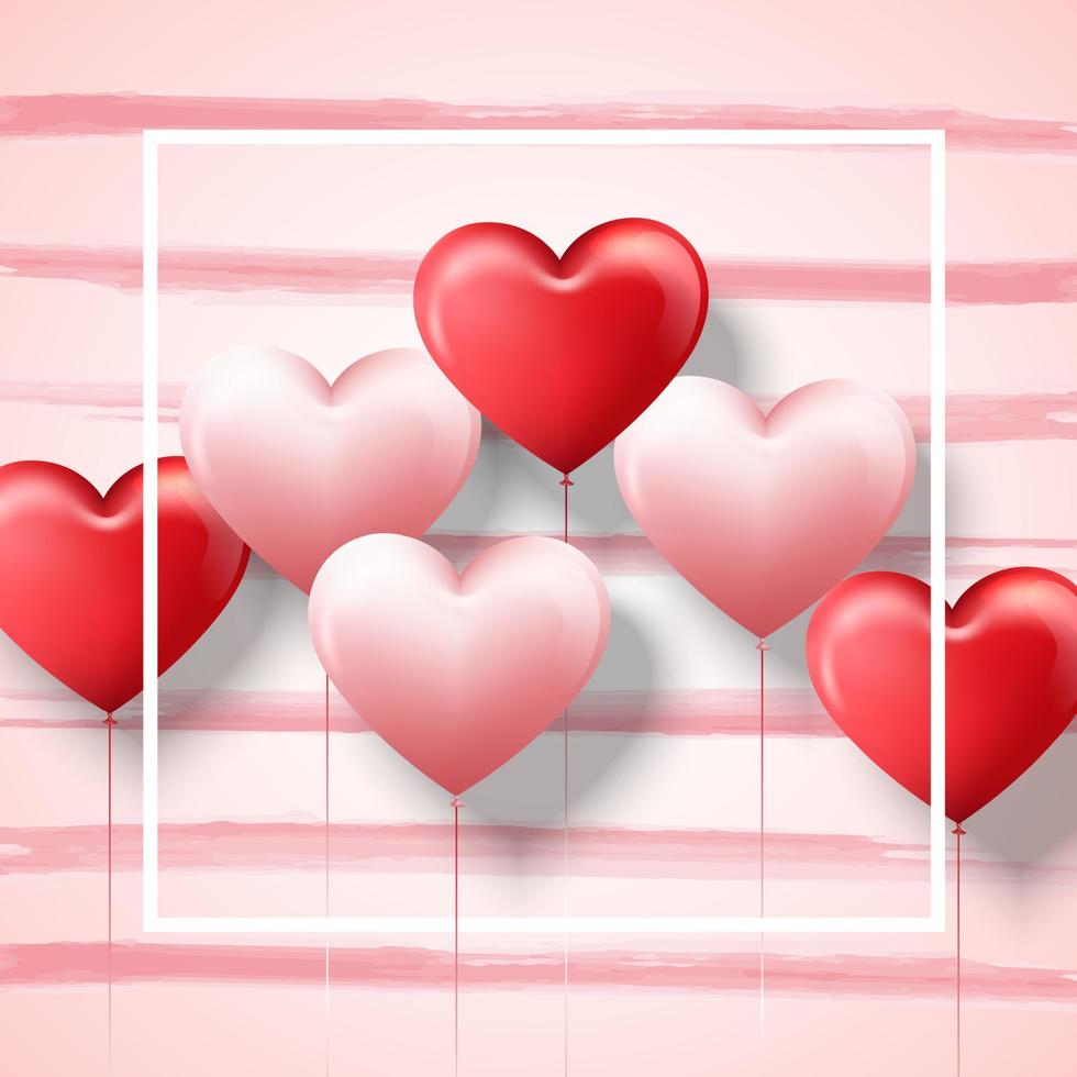 Happy Valentine's day card template with pink and red heart balloons vector