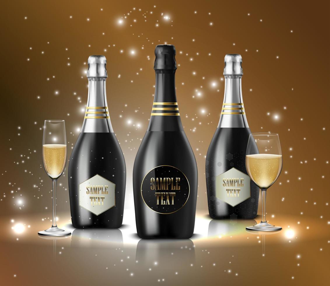 Wineglass with black wine bottles of champagne on sparkling background vector