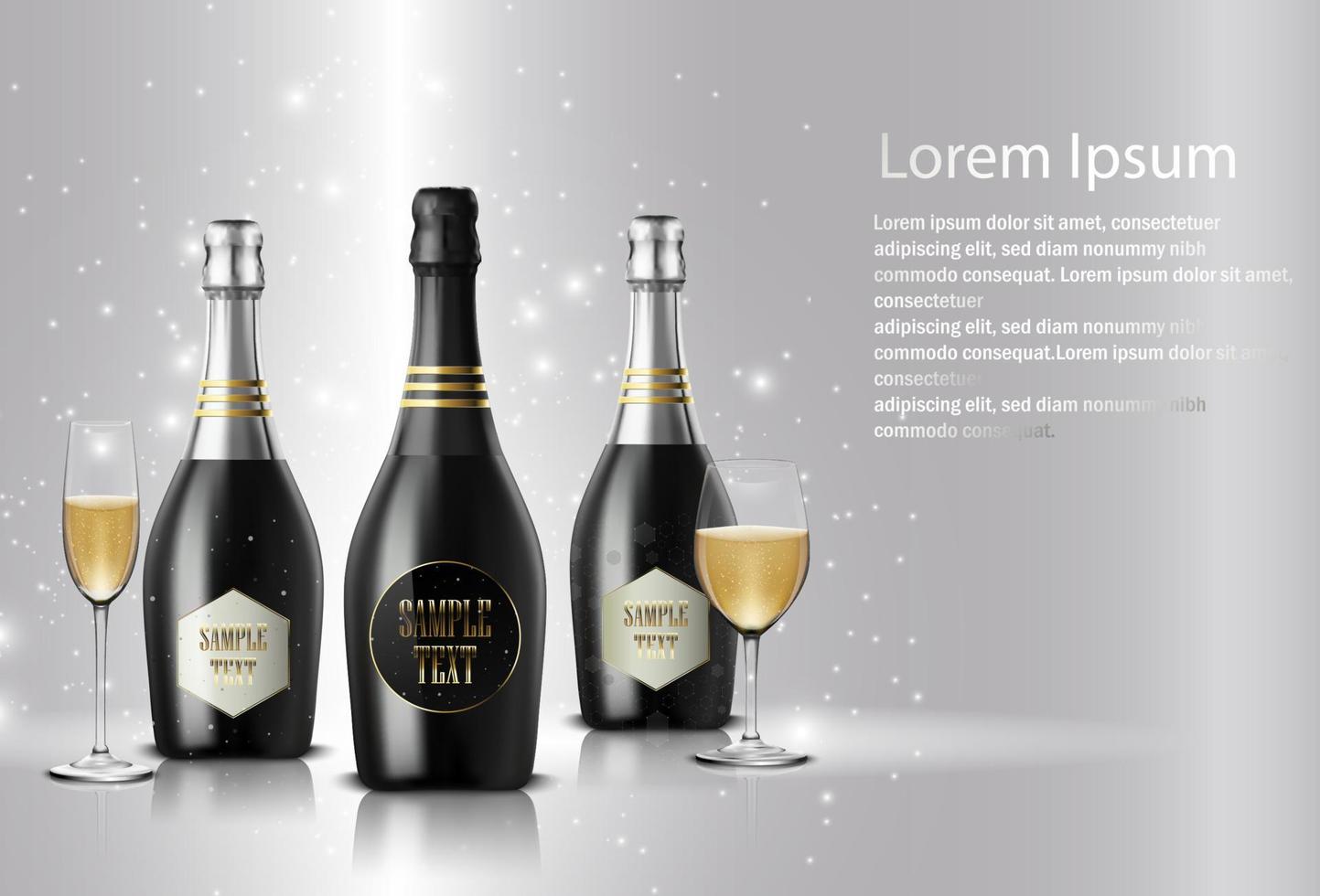 Black wine bottle and wine glasses on sparkling background vector