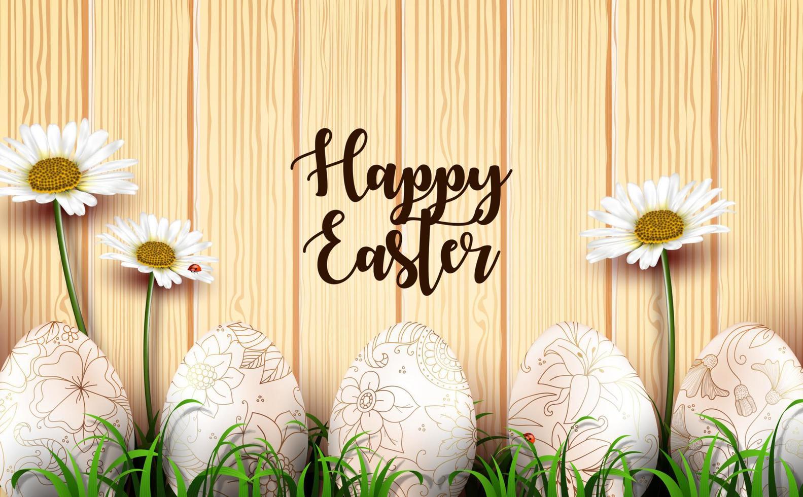 Easter background with realistic eggs and daisy flowers in the grass on wood texture background vector