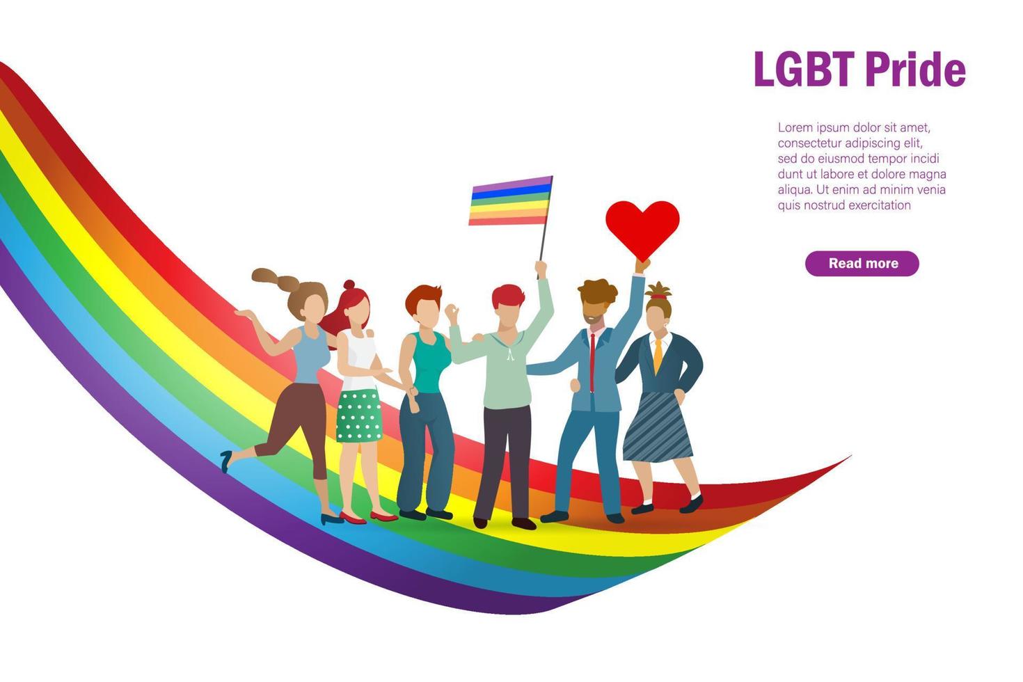 Diverse people parade with LGBT rainbow flag. vector