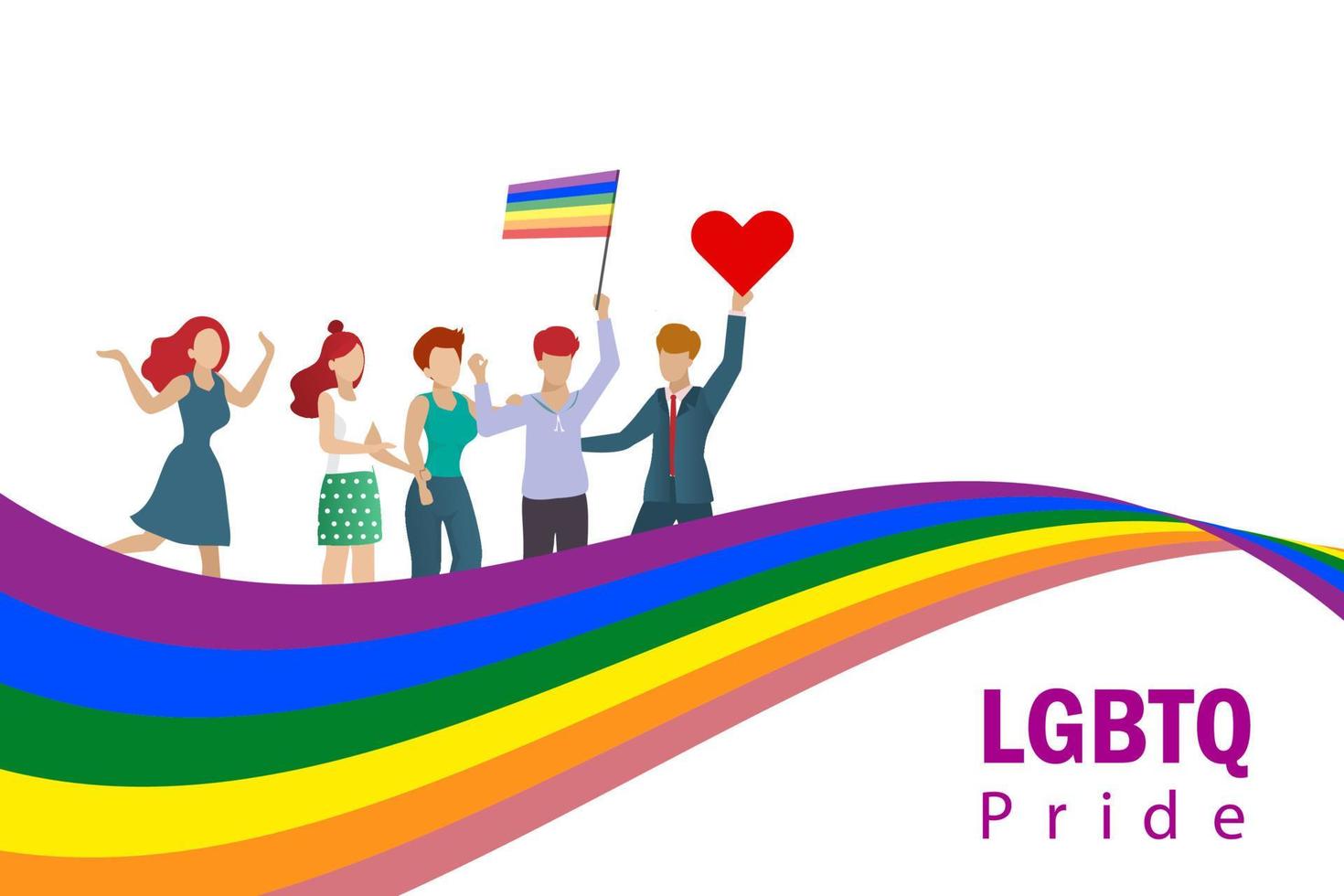 Diverse people with LGBT rainbow flag celebrate LGBTQ pride month holding flag and heart sign. vector