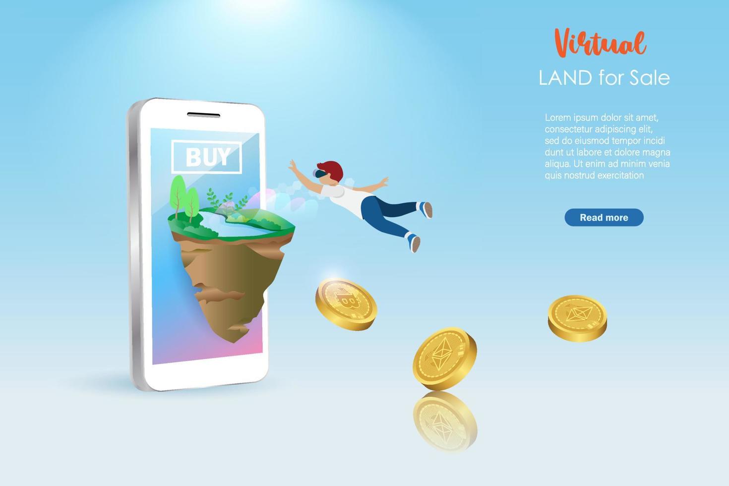 Metaverse virtual land for sale, Futuristic real estate investment, financial technology in VR world. Flying man buy virtual land for sale on smartphone screen by crypto currency coins. vector