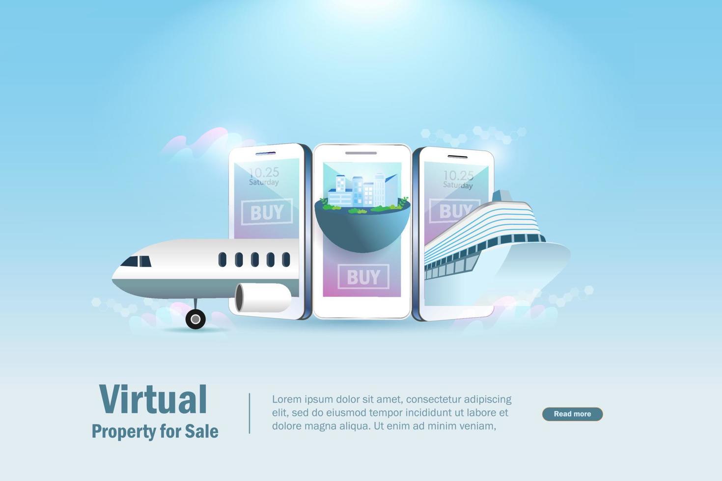 Metaverse virtual land, real estate and property for sale. Virtual 3D luxury airplane, cruise ship and buildings to buy online on smart phone screen. Financial investment technology in cyber space. vector