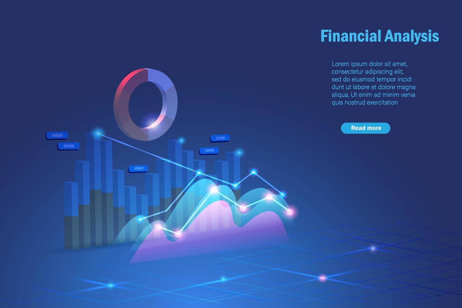 Financial analysis, business intelligence, stock market statistics. 3D analysing growth graph chart for business success and acheivement. vector