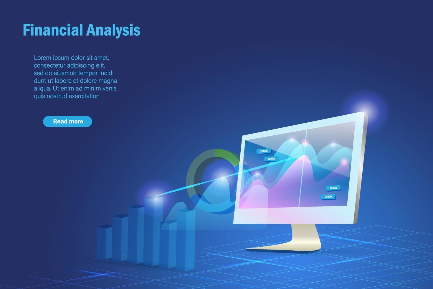 análisis financiero, inteligencia de negocios, estadísticas bursátiles. 3d analizando el gráfico de crecimiento en la pantalla de la computadora para el éxito y el logro empresarial. vector