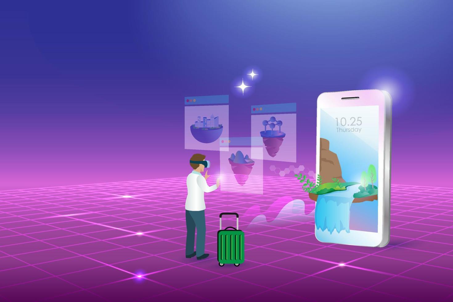 Metaverse virtual travel, sightseeing guide for virtual trip  technology in cyber space futuristic environment background. Man wear google glass experience interface 3D journey simulation. vector