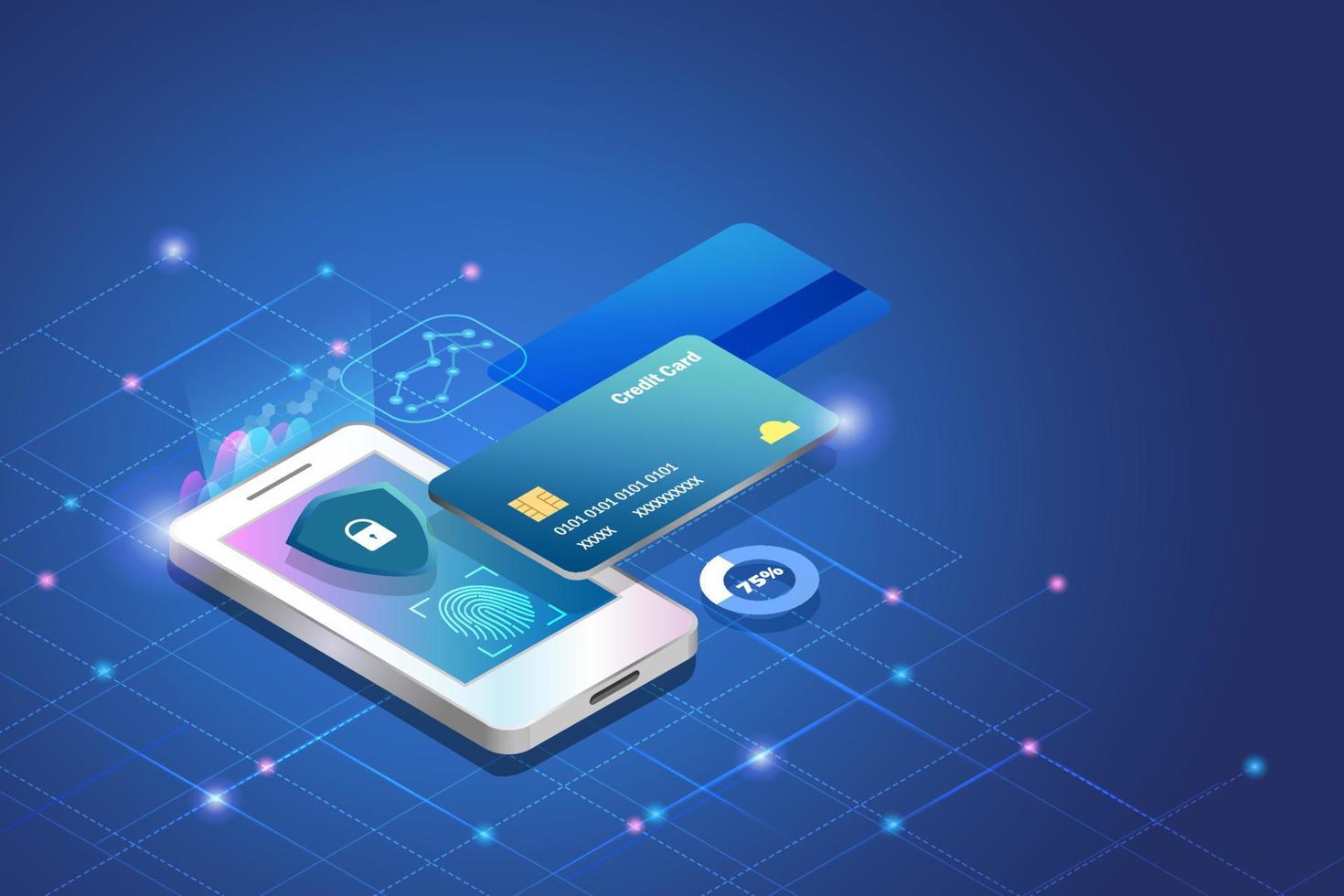 Credit card online payment with fingerprint scanning, secure transaction on smart phone. Financial security in digital online and global network connecting, cyber security technology. vector