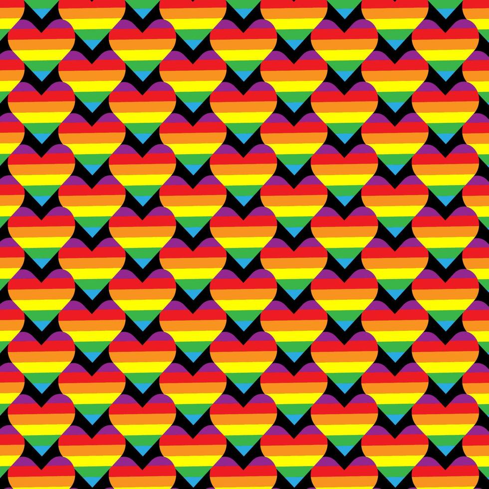 Rainbow color heart in seamless pattern on black background. vector