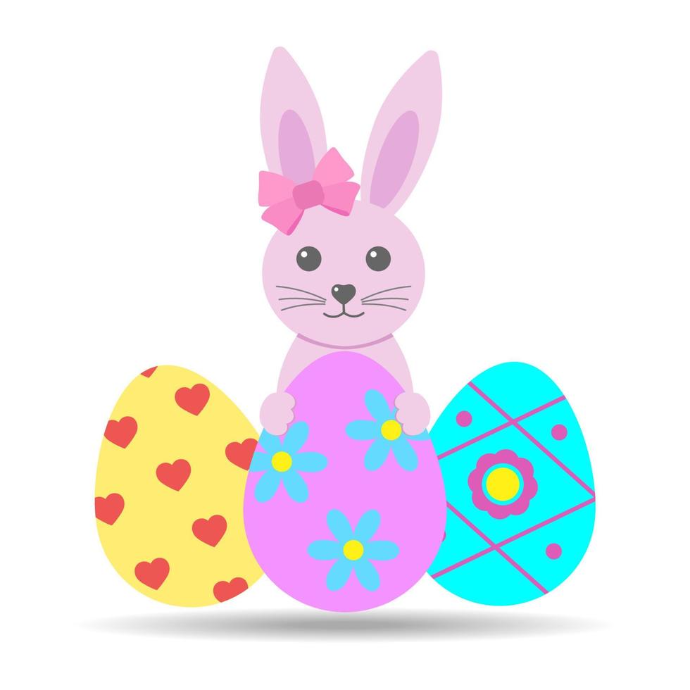 Cute pink rabbit with bow and easter eggs vector