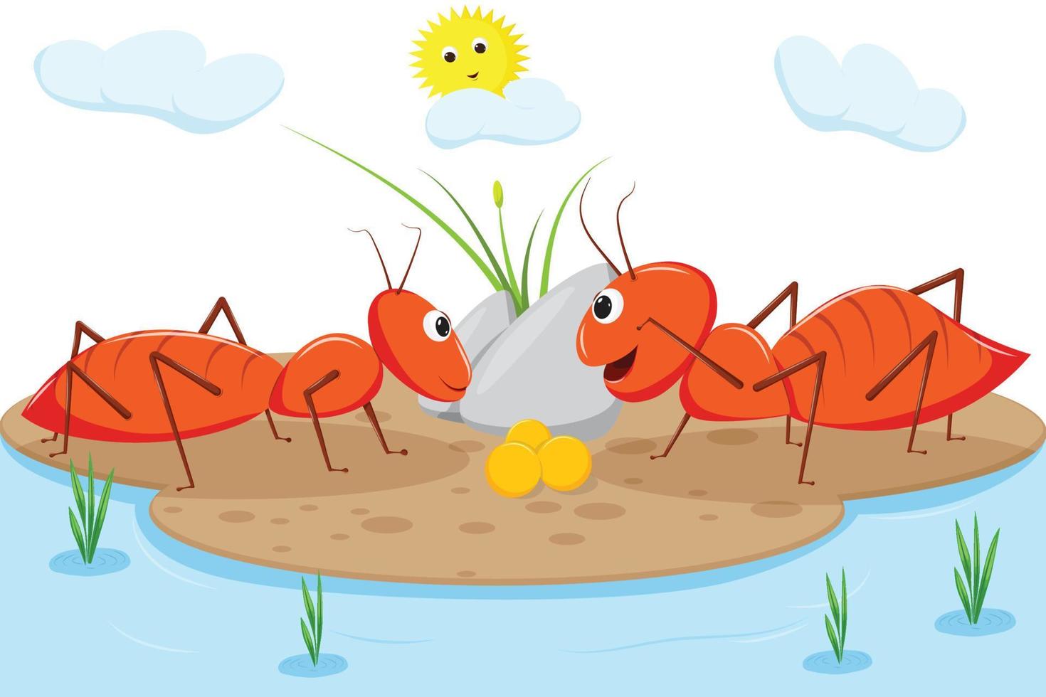 Cute smiling ant is sharing sweet with her friend vector