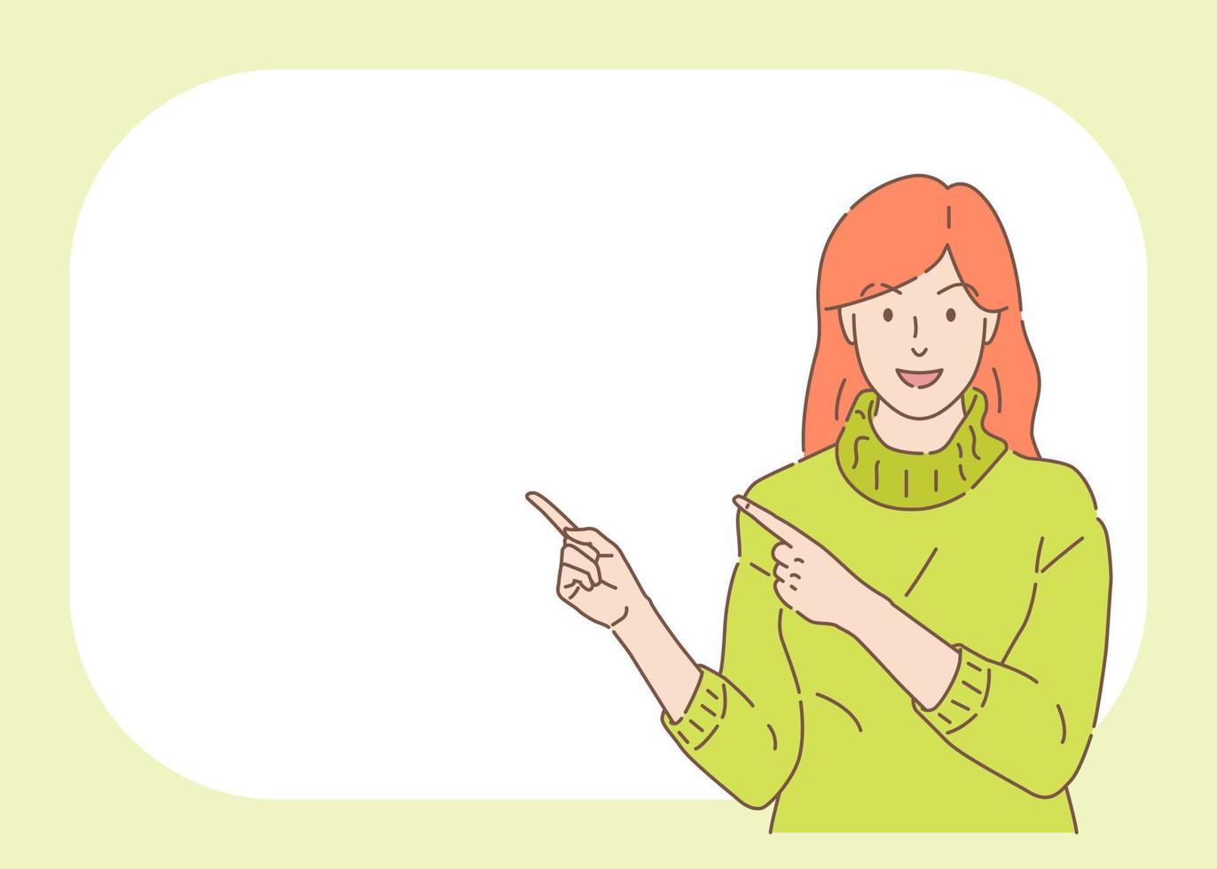 Smiling Young woman pointing finger at copy space hand drawn style, vector illustration