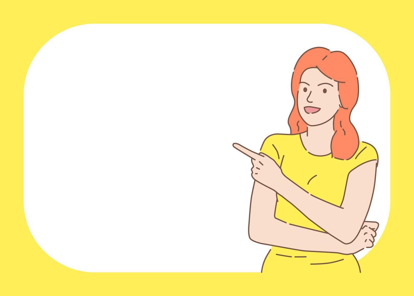 Smiling Young woman with Shorthand T-Shirt pointing finger at copy space hand drawn style, vector illustration