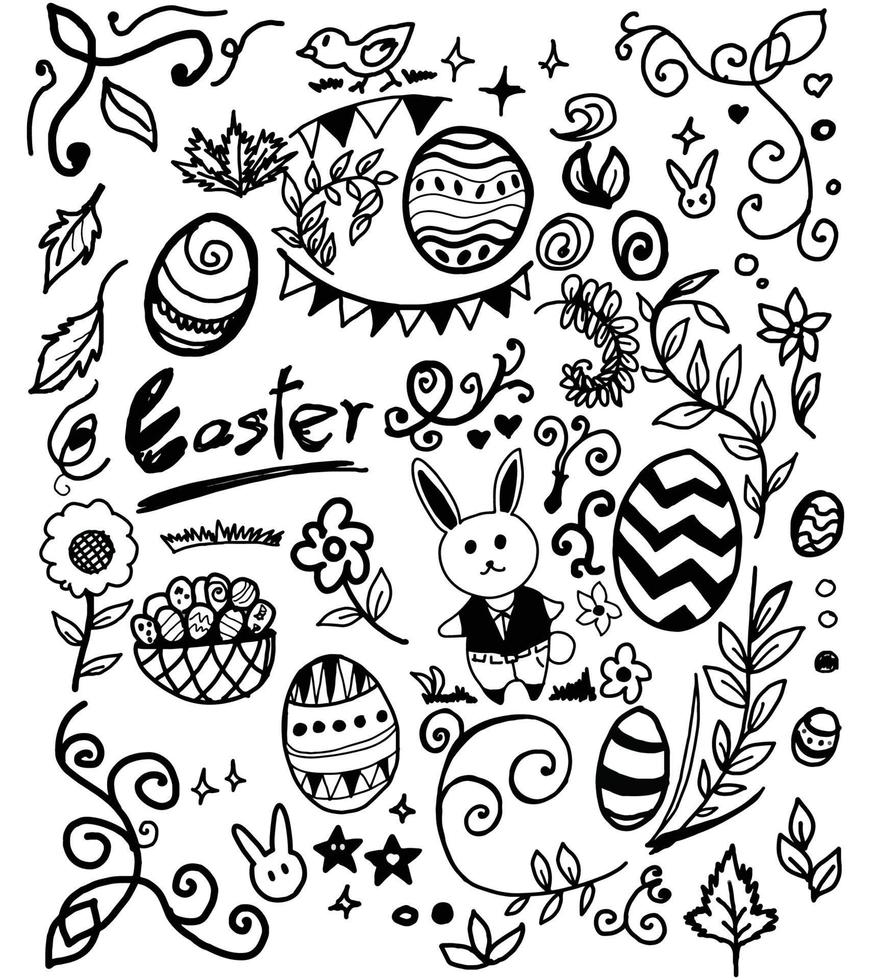 ilustración en línea del festival de pascua, garabato, conejitos, canastas, huevos de pascua, pollo, hojas, flores, ilustración 2d vector