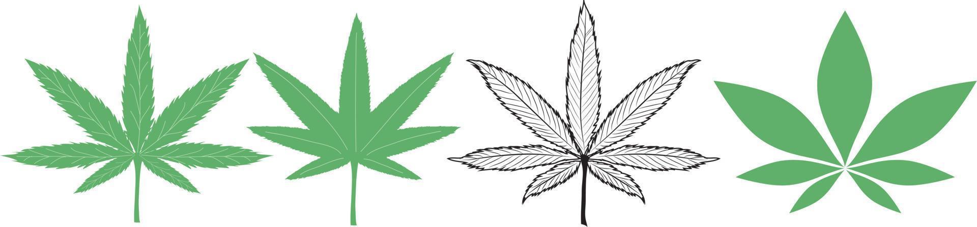 hojas de cannabis verde aisladas en fondo blanco, icono de marihuana o cáñamo, signo médico de cannabis, ilustración 2d vector
