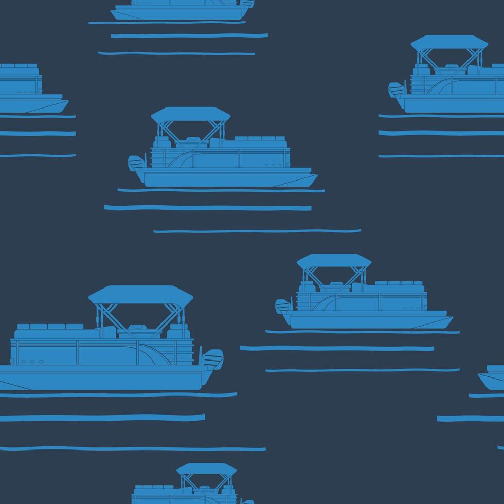 Editable Side View Flat Monochrome Pontoon Boat Vector Illustration with Dark Background as Seamless Pattern for Creating Background of Transportation or Recreation Related Design