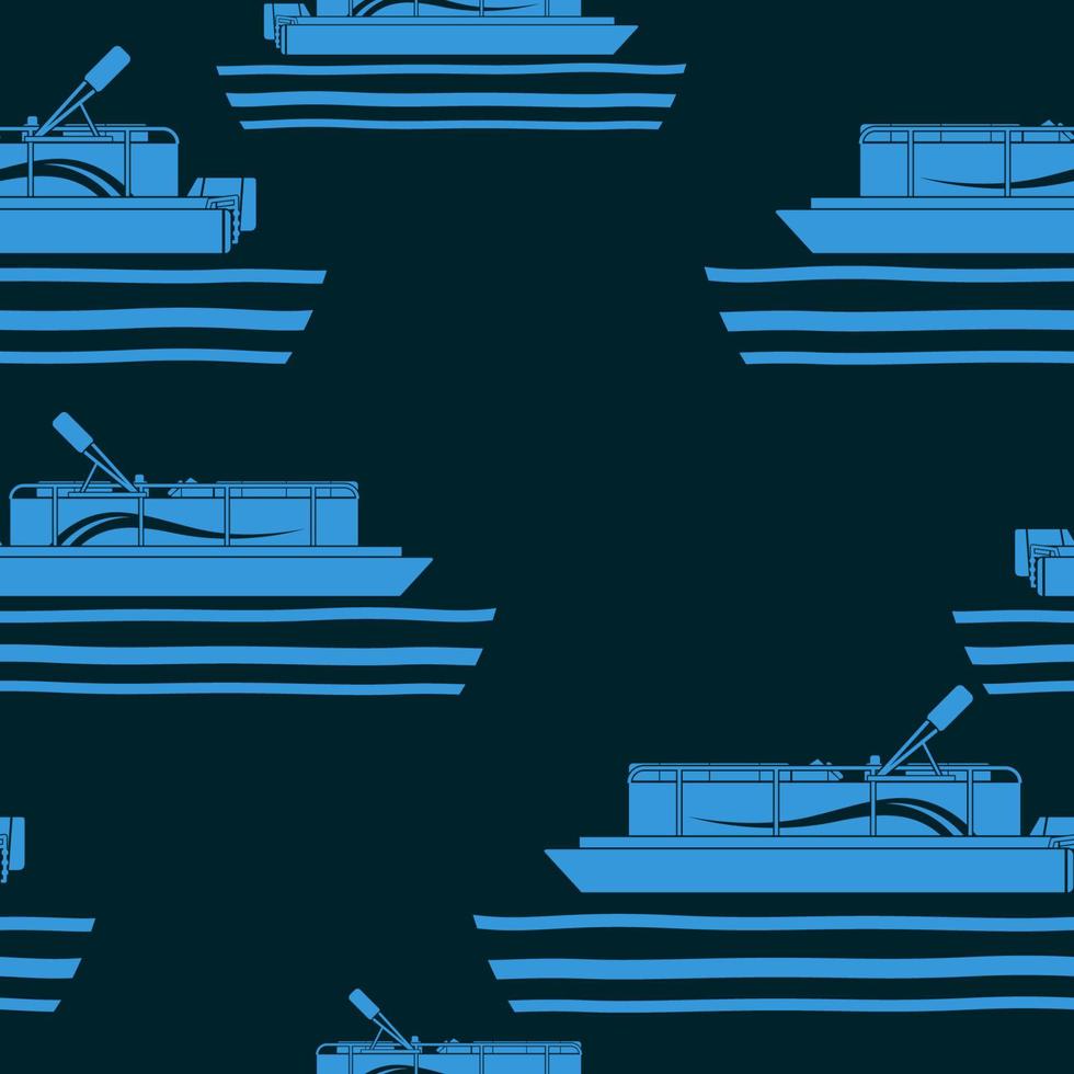 Editable Side View Flat Monochrome Pontoon Boat on Calm Water Vector Illustration With Dark Background as Seamless Pattern for Creating Background of Transportation or Recreation Related Design