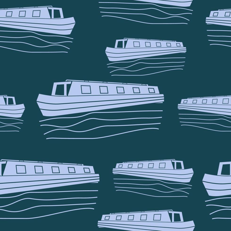 Editable Monochrome Three-Quarter Oblique View Narrow Boat Vector Illustration Dark Seamless Pattern for Creating Background of Transportation or Recreation of United Kingdom or Europe Related Design