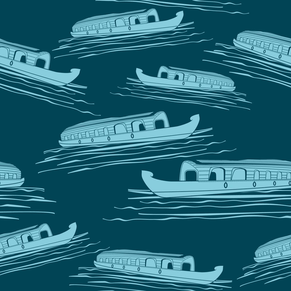 Editable Flat Monochrome Semi-Oblique View Indian Keralan Houseboat Vector Illustration on Lake Dark Seamless Pattern for Creating Background of Transportation or Recreation of Southwestern India