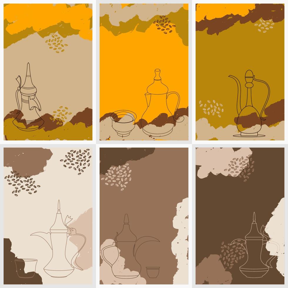 Editable Abstract Creative Backgrounds Set With Outline Style Traditional Arabic Coffee Vector Illustration Icons for Poster Template of Cafe and Middle Eastern Culture Related Project