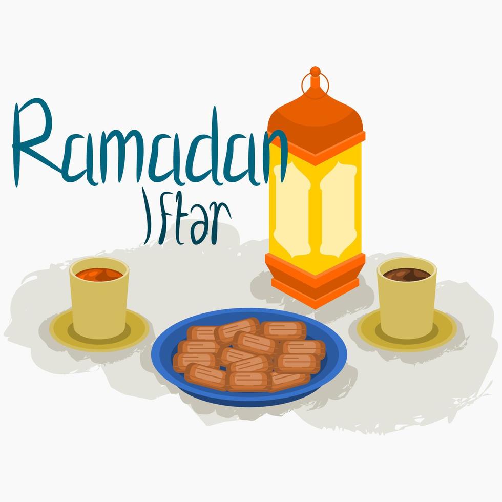 vista superior de tres cuartos editable fechas frutas, café, té y linterna árabe ilustración vectorial con letras manuales para el afiche de la fiesta ramadán iftar o café con concepto de diseño de cultura del Medio Oriente vector