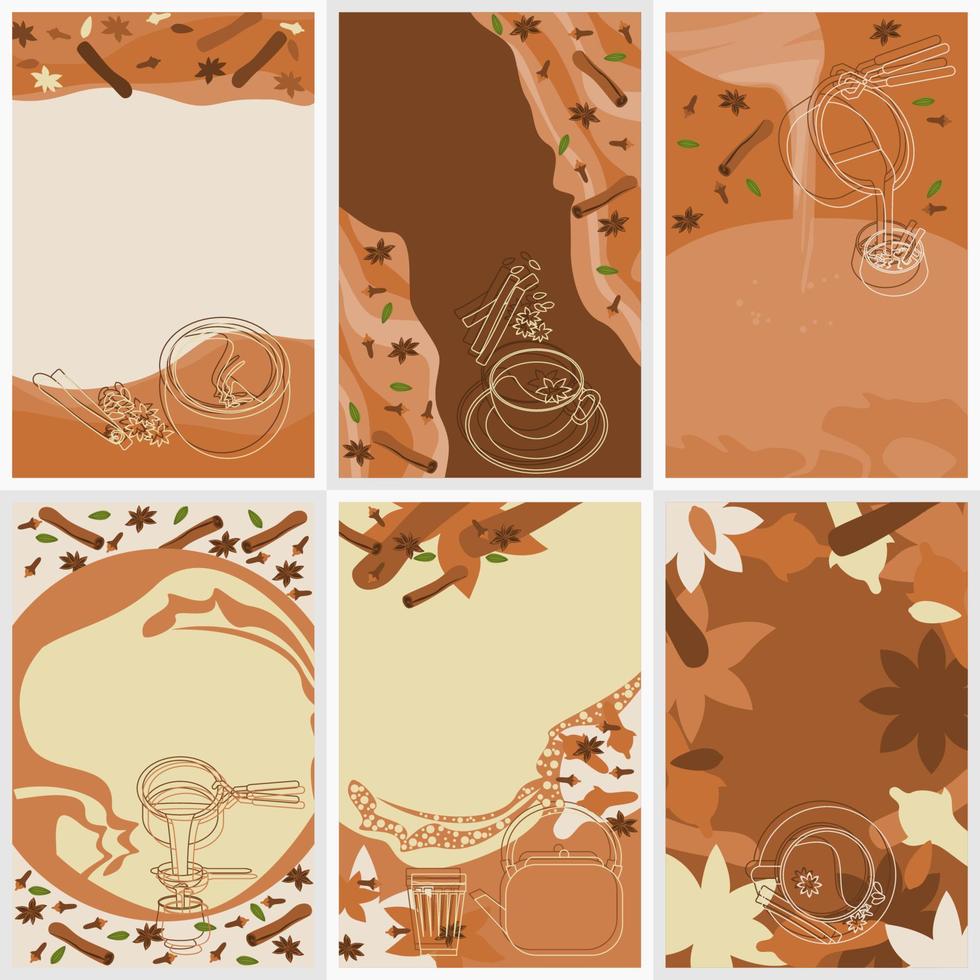 fondos creativos editables establecidos con estilo de esquema tradicional masala chai iconos de ilustración vectorial para la plantilla de póster de la casa de té y el proyecto relacionado con la cultura india vector