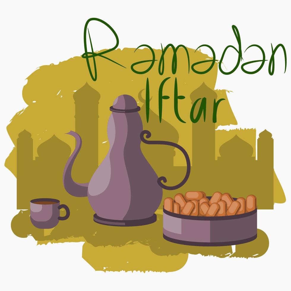 fechas editables frutas y café en la silueta de la mezquita ilustración vectorial con pinceladas y letras manuales para el afiche de la fiesta ramadán iftar o café con el concepto de diseño de la cultura del medio oriente vector