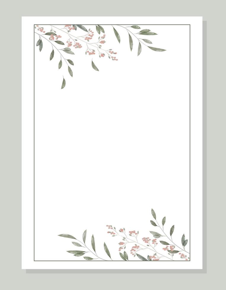 Modern invitation template in minimalistic, rustic and watercolor style. Greeting card design with frame, watercolor leaves, branches and flowers. Vector illustration