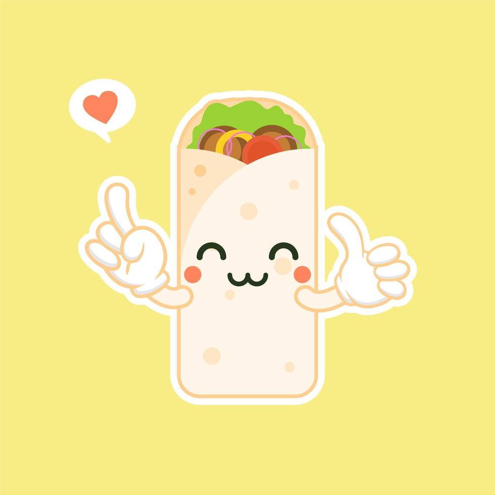 lindo y kawaii shawarma kebab personaje cómico de dibujos animados con cara sonriente sabrosa comida rápida envuelta. emoticonos kawaii. se puede usar en el menú del restaurante, comida saludable. ingrediente culinario. vector