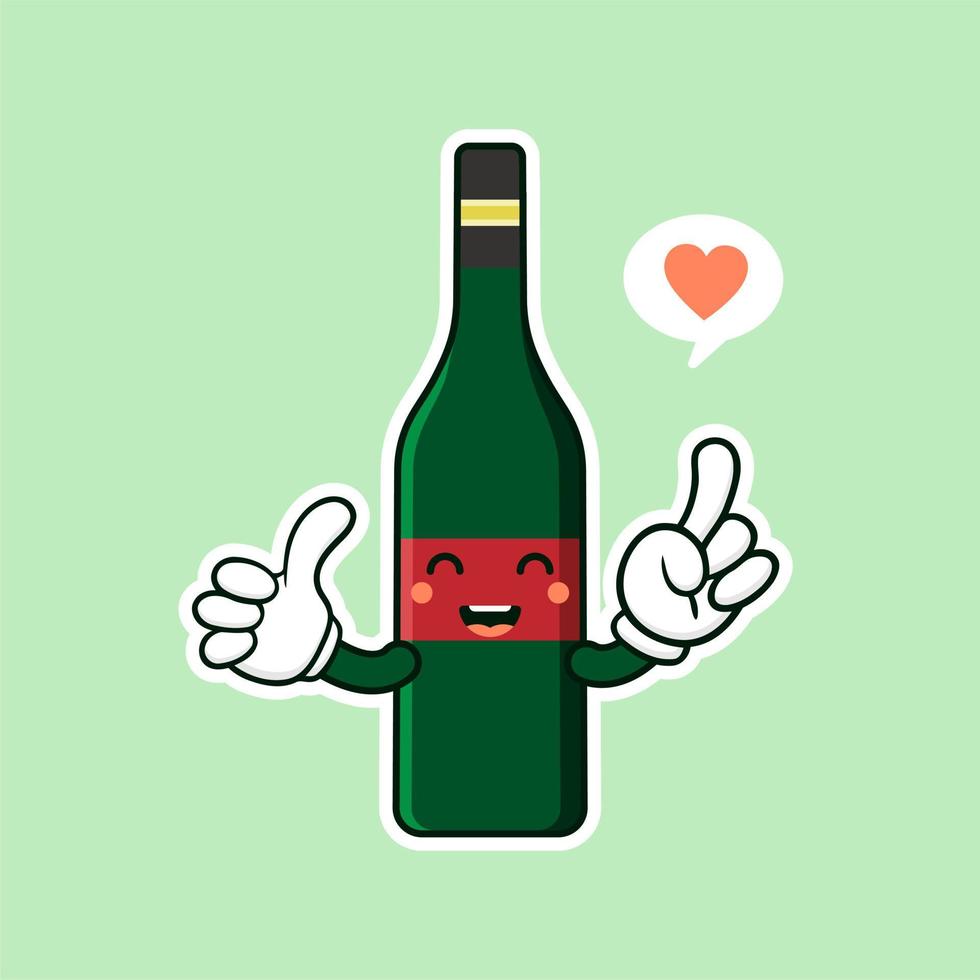 Ilustración de vector de estilo plano de personaje de dibujos animados de botella de vino lindo y kawaii. plantilla de diseño de personaje de botella de vino de vidrio sonriente funky para carta de vinos o mapa de vinos