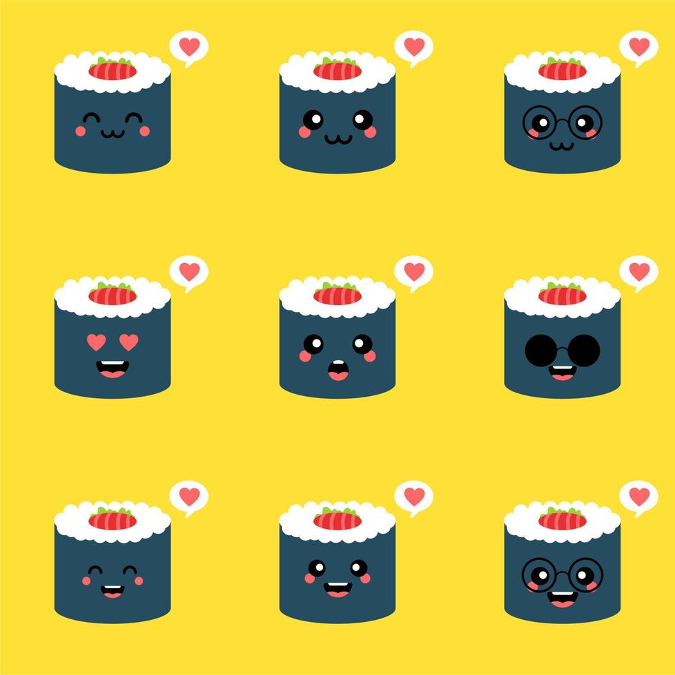 Cute and kawaii sushi roll character. Happy Sushi Roll Cartoon Mascot Character. Vector Illustration Flat Style Isolated On color background