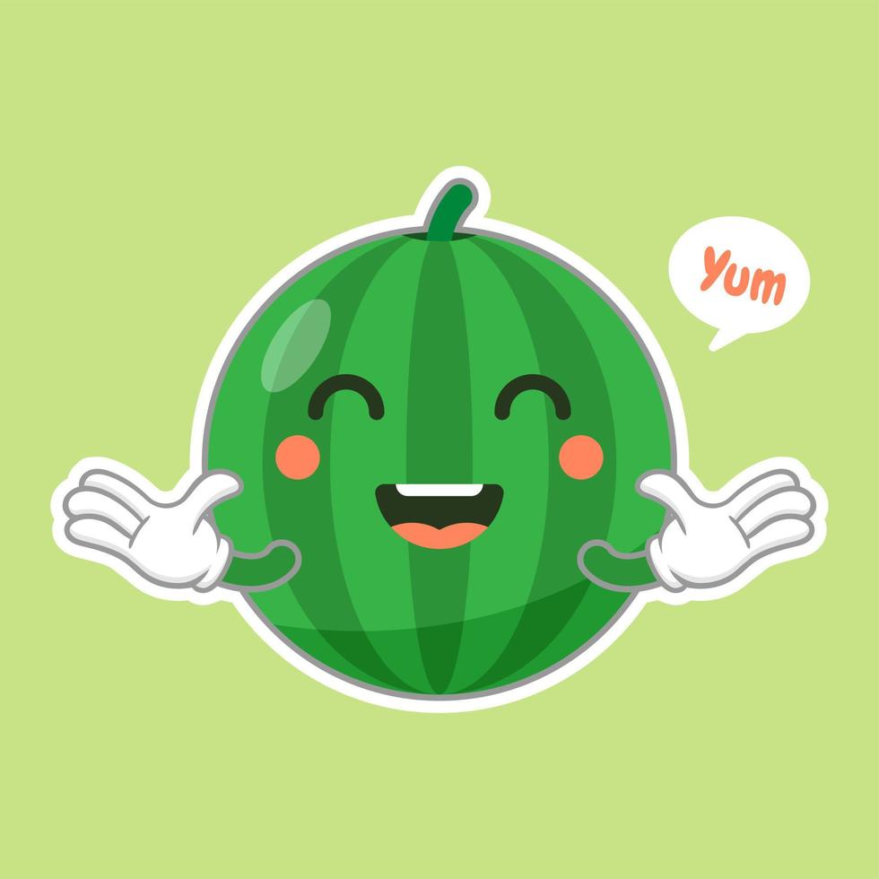 Cute and kawaii watermelon character emoticon . Summer fruit. Watermelon character emoji illustration. Healthy food funny mascot vector illustration in flat design.