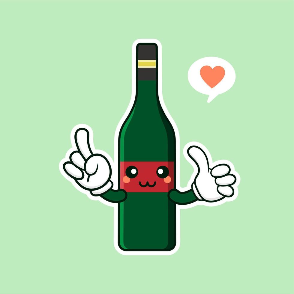 cute and kawaii wine bottle cartoon character flat style vector illustration. funky smiling glass wine bottle character design template for wine menu or wine map