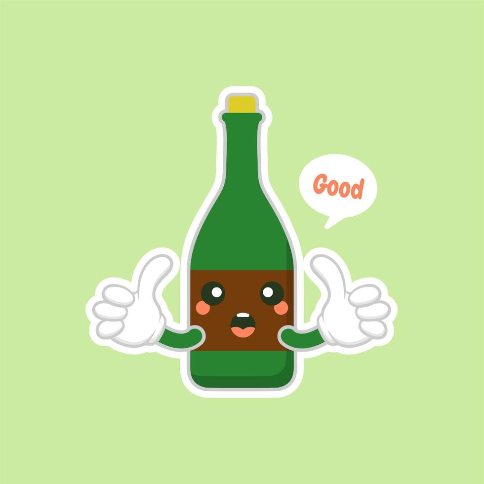Botellas de vino lindas y kawaii sobre fondo verde, diseño colorido. ilustración vectorial de diseño plano. champán kawaii de dibujos animados con sonrisa y ojos sonrientes. linda botella de champán vector