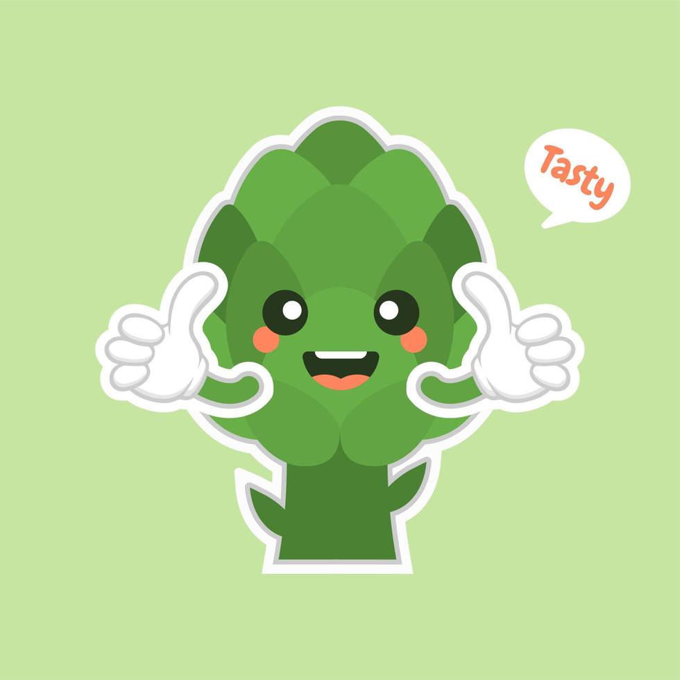 lindo y kawaii personaje de dibujos animados de alcachofa diseño plano, vitaminas, verduras, alimentos saludables, nutrientes, dieta. vitaminas y minerales. beneficios para la salud de la alcachofa. personaje divertido vector