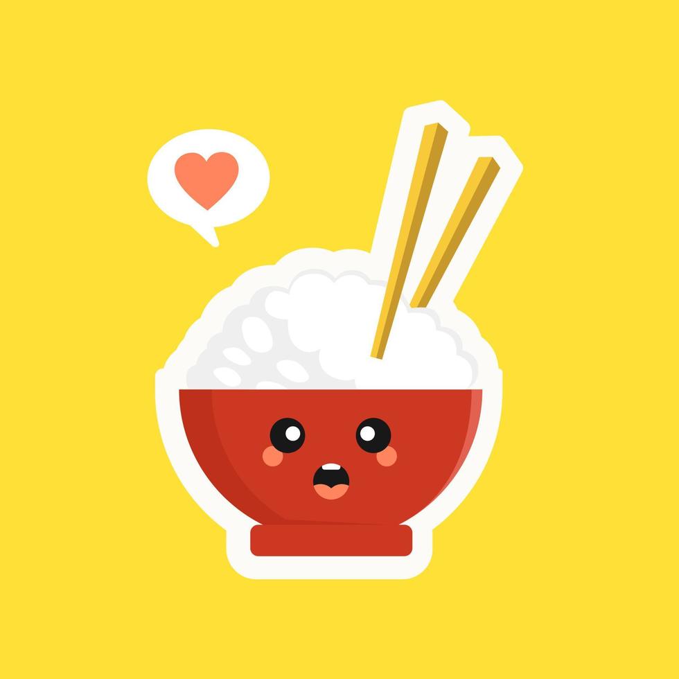 personaje de tazón de arroz lindo y kawaii aislado sobre fondo de color. tazón de arroz con emoji y expresión. puede usarse para restaurante, resto, mascota, elemento cultural asiático, comida china, comida japonesa, menú. vector