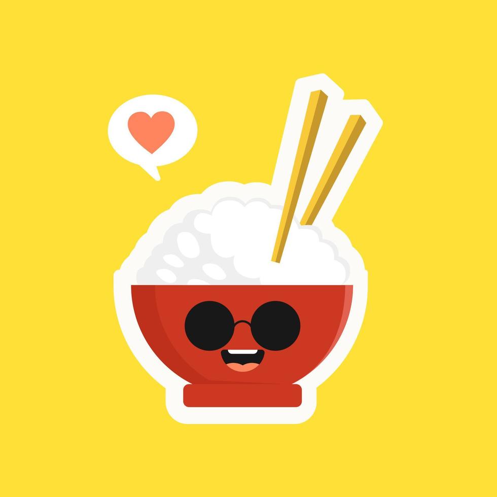 personaje de tazón de arroz lindo y kawaii aislado sobre fondo de color. tazón de arroz con emoji y expresión. puede usarse para restaurante, resto, mascota, elemento cultural asiático, comida china, comida japonesa, menú. vector