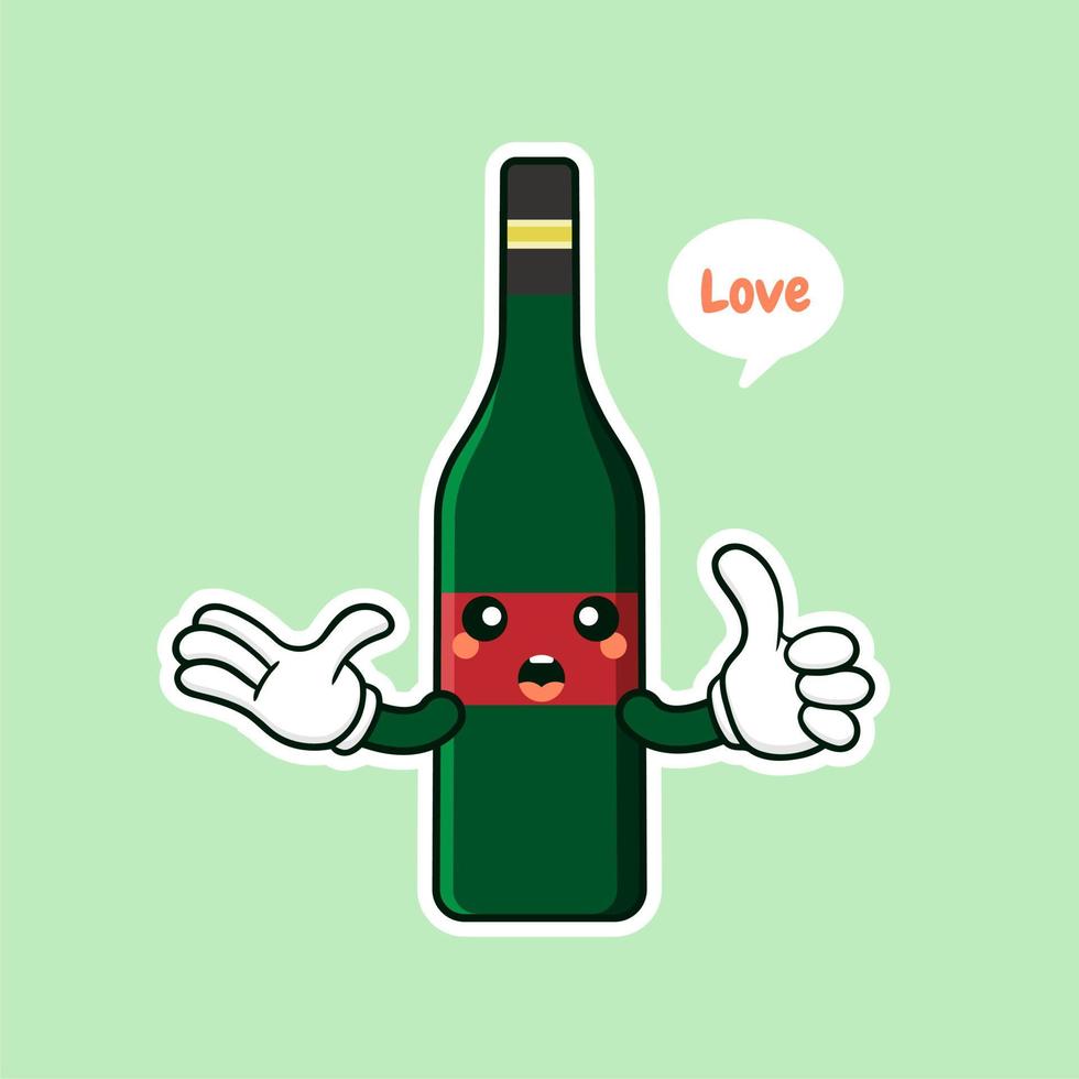 cute and kawaii wine bottle cartoon character flat style vector illustration. funky smiling glass wine bottle character design template for wine menu or wine map