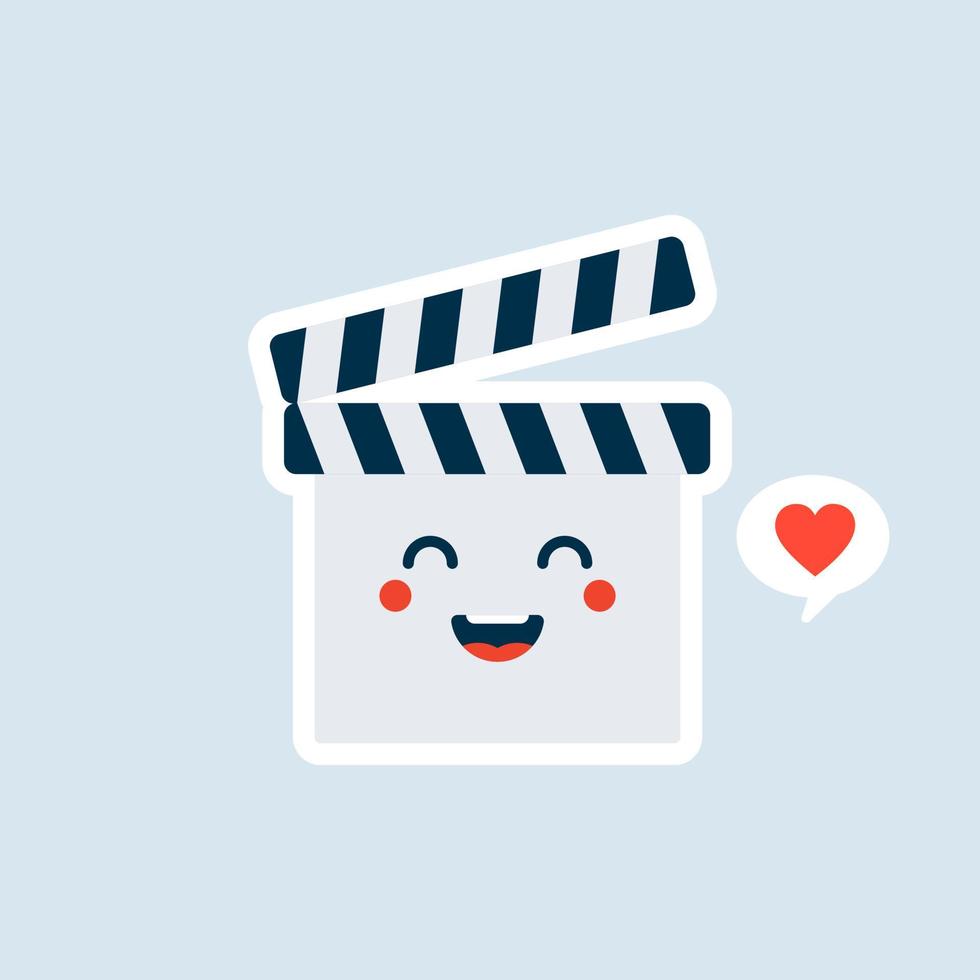 Cute Cartoon Clapperboard Character Vector Icon Illustration. Kawaii Clapperboard Mascot, Movie Icon Concept. Flat Cartoon Style Suitable for Web Landing Page, Banner, Sticker, Background