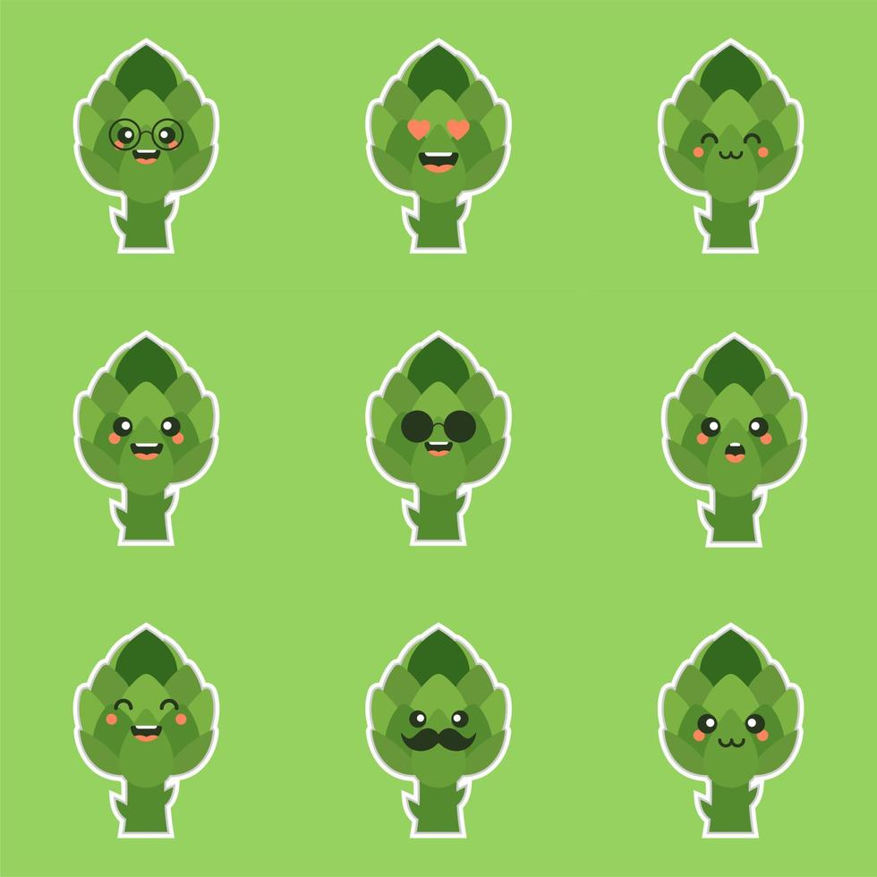 cute and kawaii artichoke Cartoon Vegetable Food Character Emoji Vector Illustration. healthy food, nutrients, diet. Vitamins and minerals. Health benefits of vegetable. Funny character.