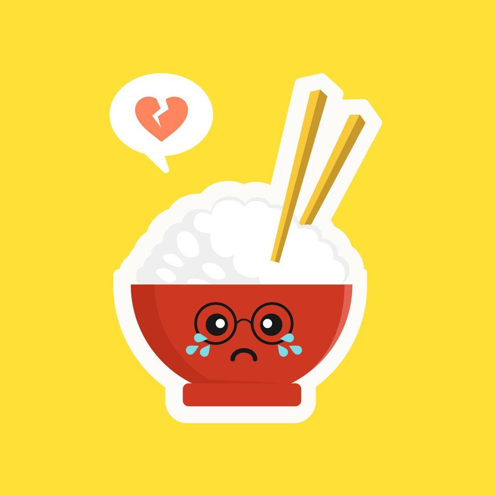 personaje de tazón de arroz lindo y kawaii aislado sobre fondo de color. tazón de arroz con emoji y expresión. puede usarse para restaurante, resto, mascota, elemento cultural asiático, comida china, comida japonesa, menú. vector