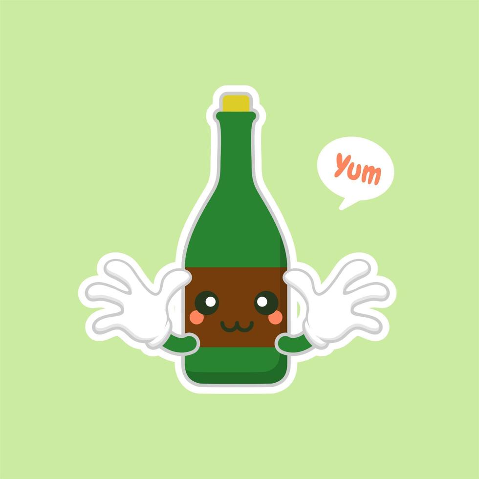 cute and kawaii wine bottles over green background, colorful design. flat design vector illustration. Cartoon kawaii Champagne with Smile and Smiling eyes. Cute Champagne bottle